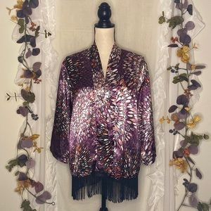 Bar III Purple Peacock Pattern Fringe Open Front Cardigan Sweater Size Small‎